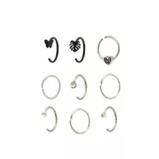Multi-Pack CZ Black and Silvertone Butterfly Ribcage Heart Hoop and Half Hoop Nose Rings 9 Pack - 20 Gauge at Spencer's
