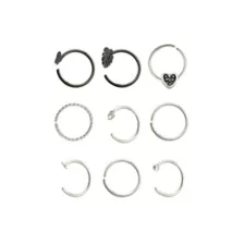 Multi-Pack CZ Black and Silvertone Butterfly Ribcage Heart Hoop and Half Hoop Nose Rings 9 Pack - 20 Gauge at Spencer's