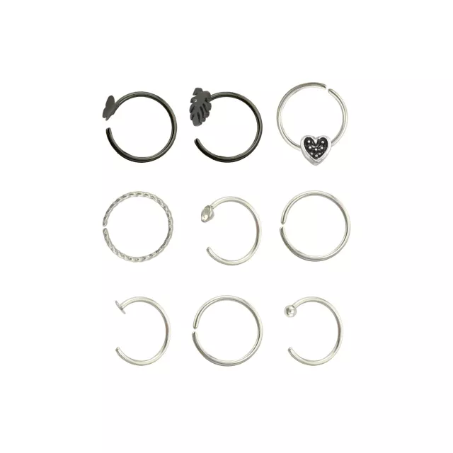 Multi-Pack CZ Black and Silvertone Butterfly Ribcage Heart Hoop and Half Hoop Nose Rings 9 Pack - 20 Gauge at Spencer's