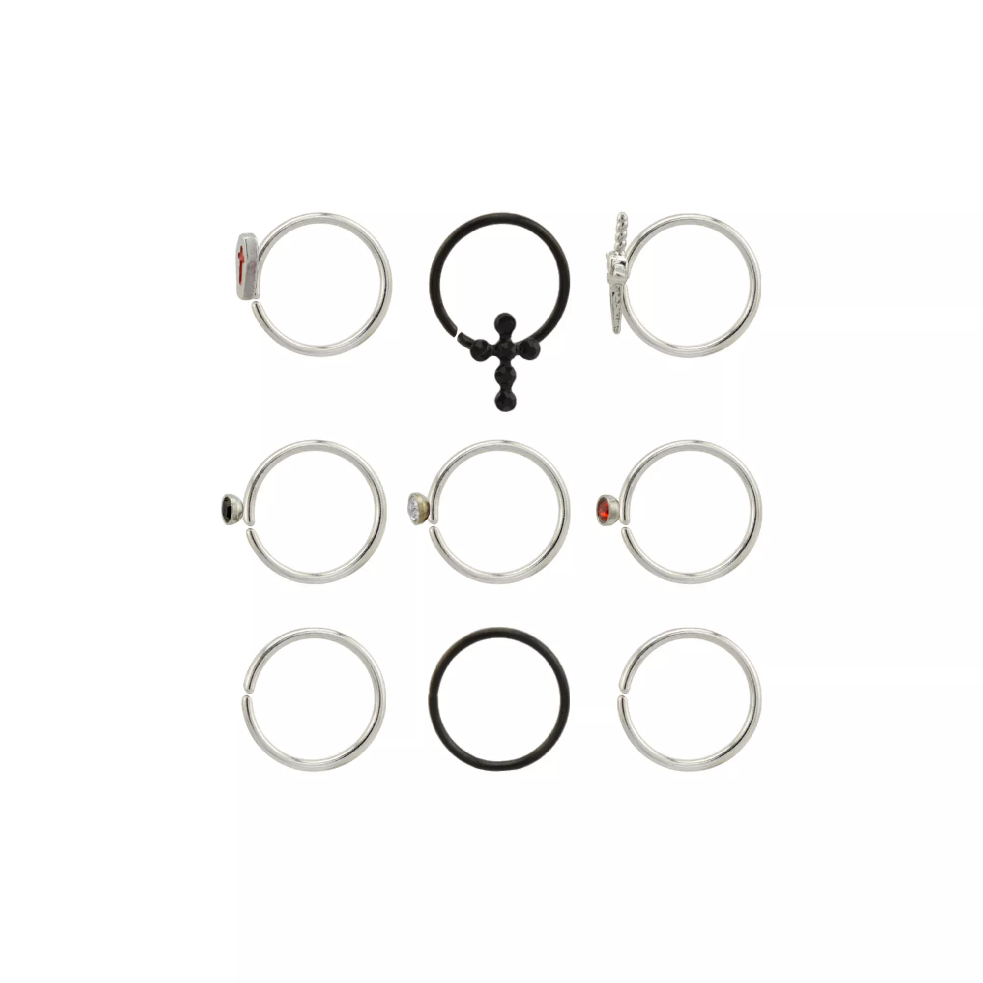 Multi-Pack CZ Cross and Dagger Nose Hoop Rings 9 Pack - 20 Gauge at Spencer's