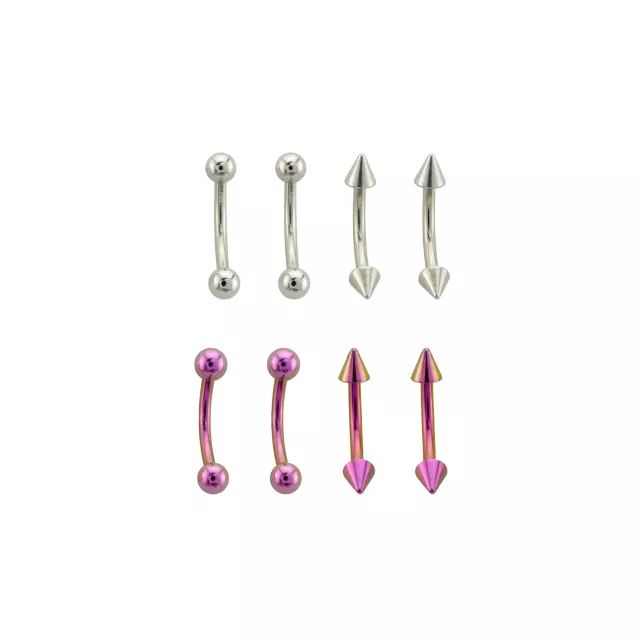 Multi-Pack Silvertone and Purple Curved Barbells 8 Pack - 14 Gauge at Spencer's