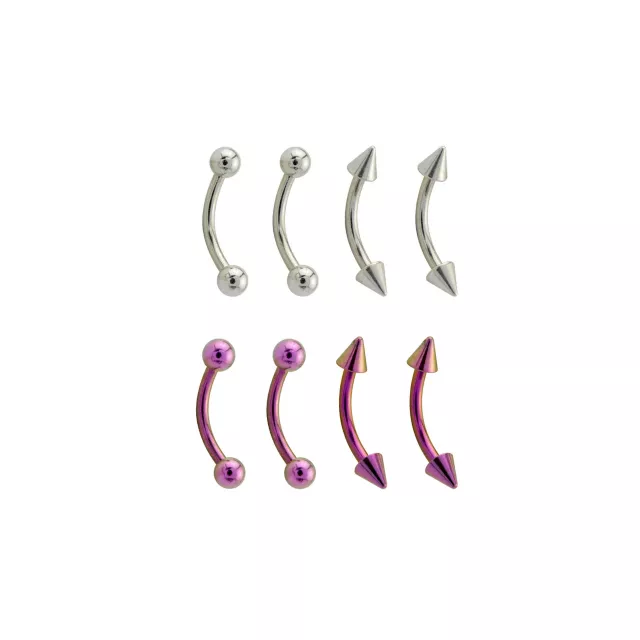 Multi-Pack Silvertone and Purple Curved Barbells 8 Pack - 14 Gauge at Spencer's