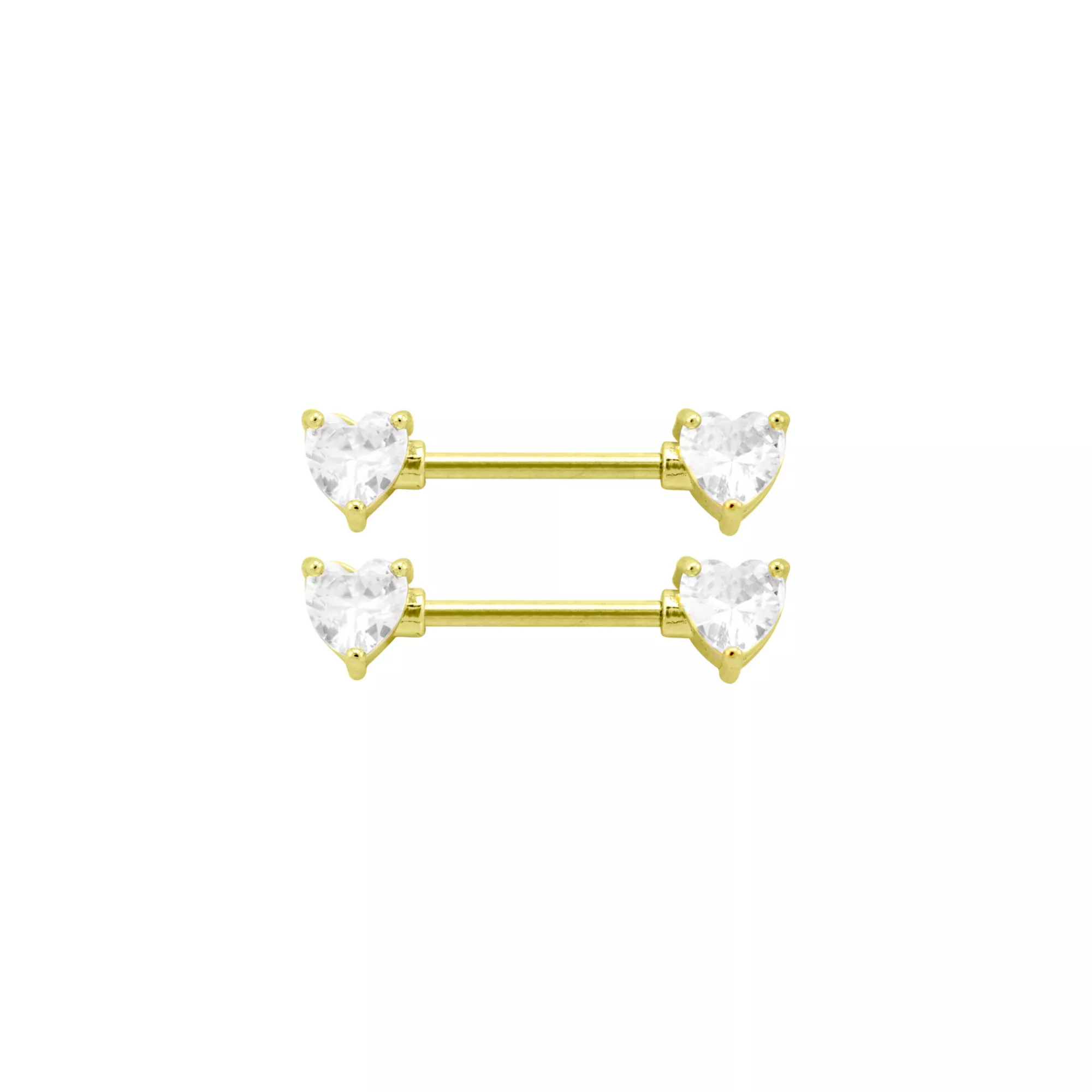 CZ Goldtone Heart Clear Gem Nipple Barbells - 14 Gauge