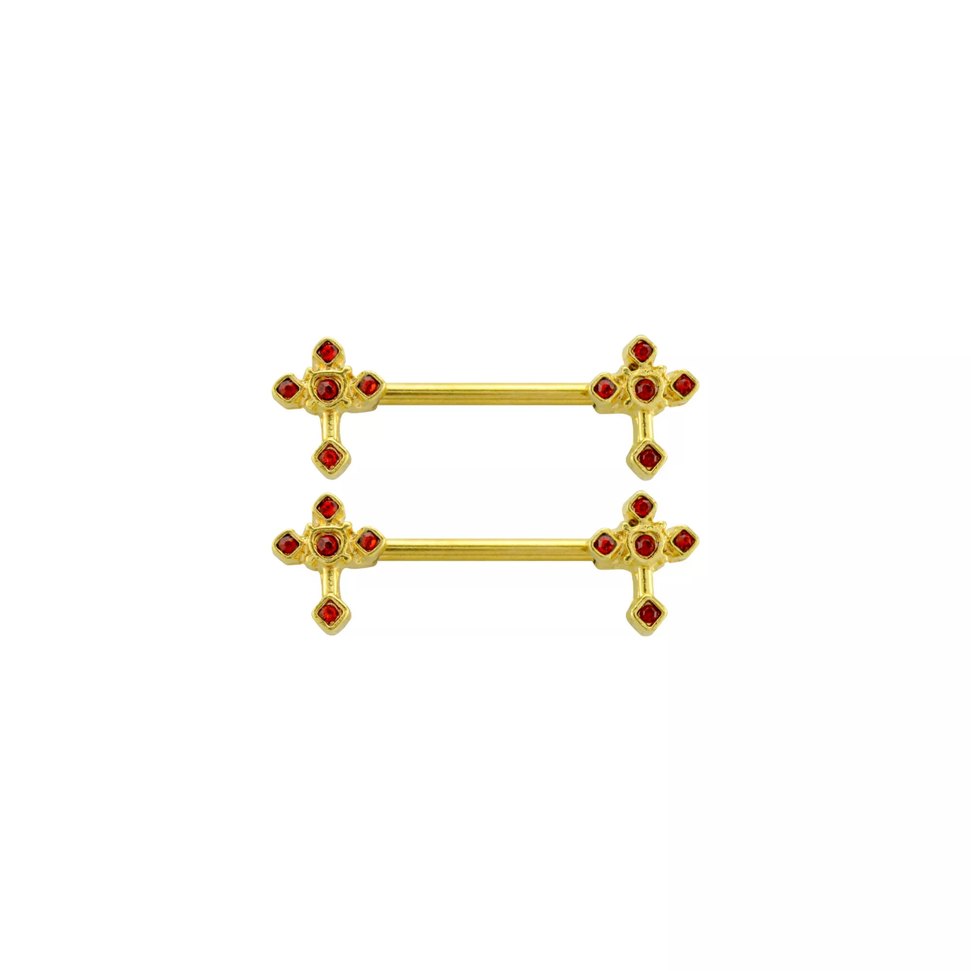 CZ Red and Goldtone Heart Nipple Barbells - 14 Gauge