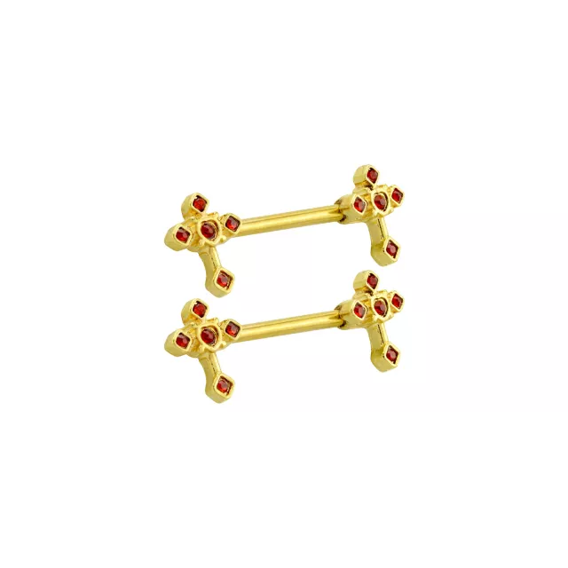 CZ Red and Goldtone Heart Nipple Barbells - 14 Gauge at Spencer's