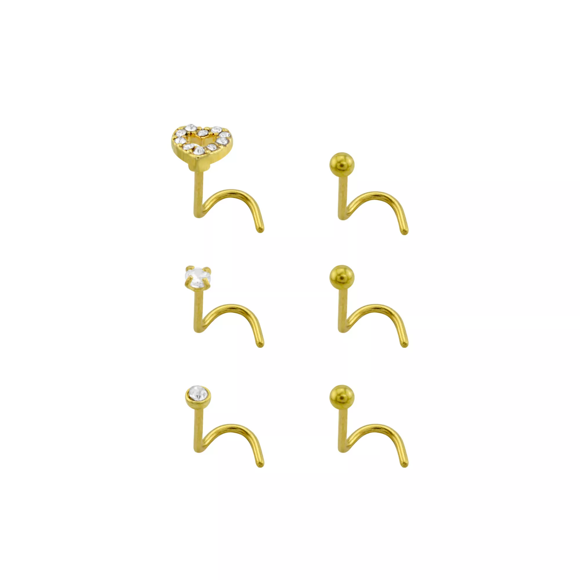 Multi-Pack CZ Goldplated Stone Heart Corkscrew Nose Rings 6 Pack - 20 Gauge at Spencer's