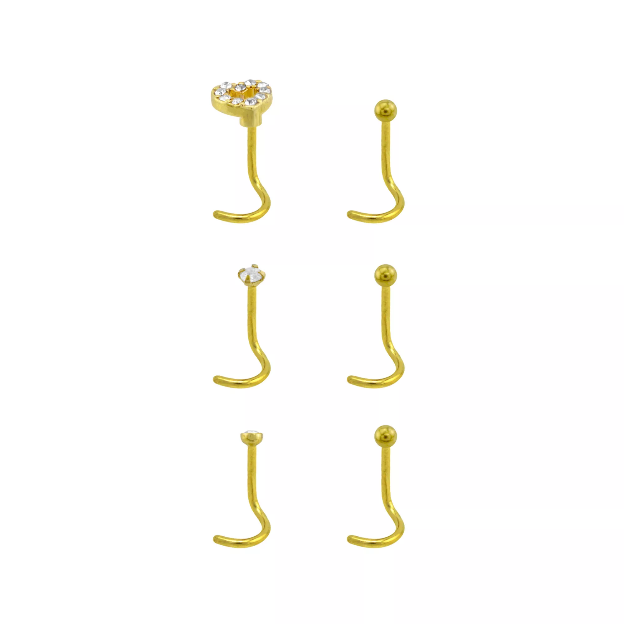 Multi-Pack CZ Goldplated Stone Heart Corkscrew Nose Rings 6 Pack - 20 Gauge at Spencer's