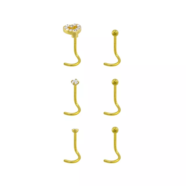 Multi-Pack CZ Goldplated Stone Heart Corkscrew Nose Rings 6 Pack - 20 Gauge at Spencer's