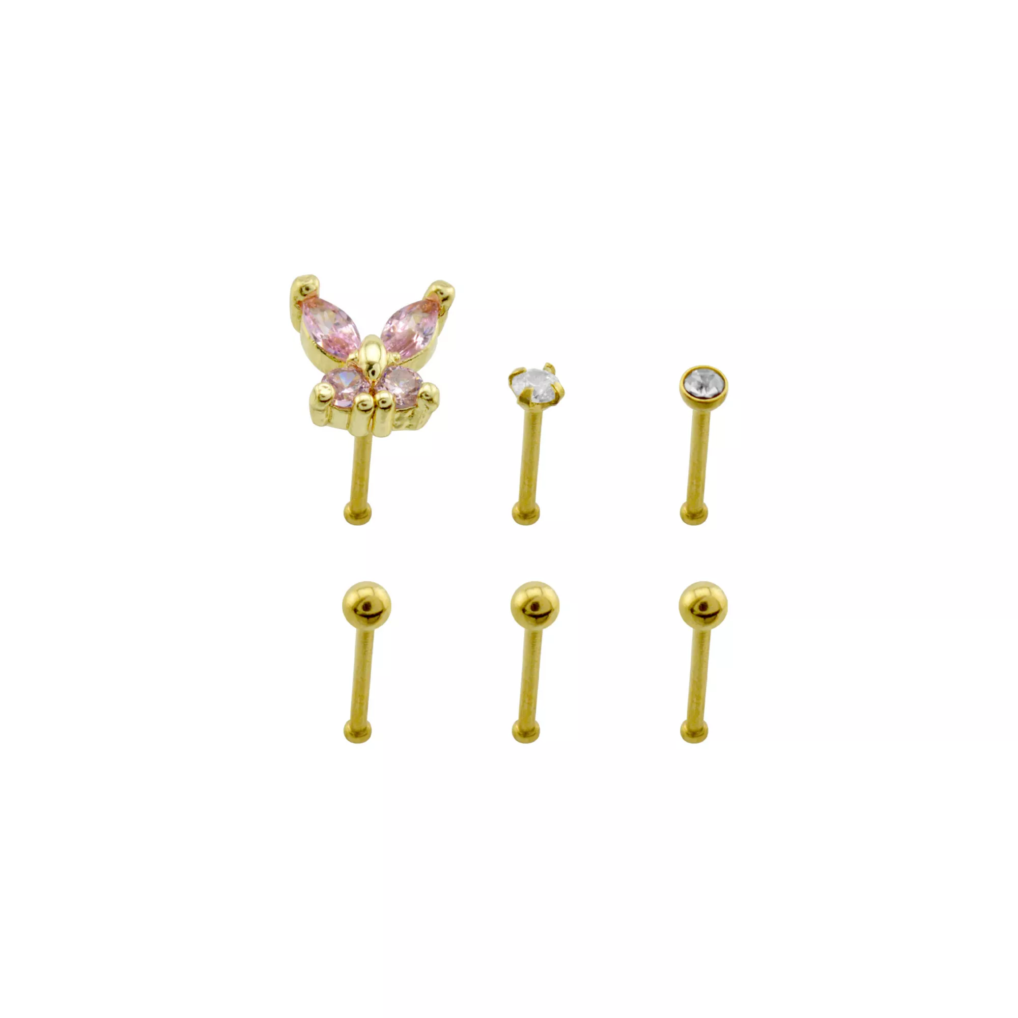 Multi-Pack CZ Butterfly Gold Plated Nose Pins 6 Pack - 20 Gauge at Spencer's