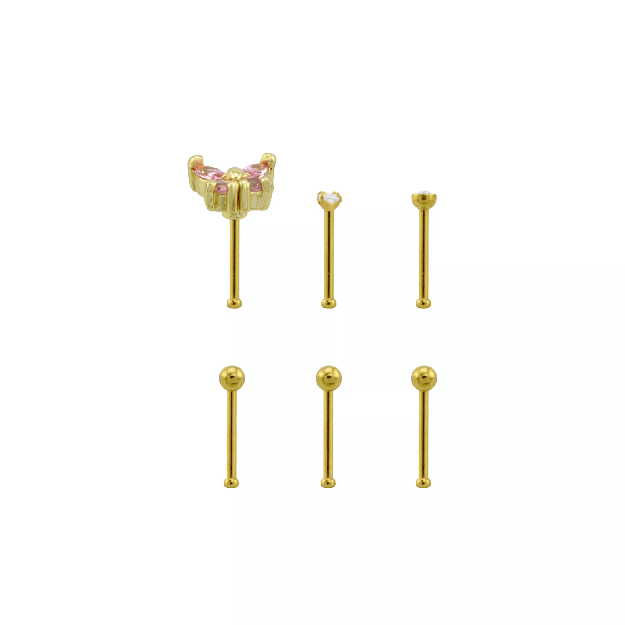 Multi-Pack CZ Butterfly Gold Plated Nose Pins 6 Pack - 20 Gauge at Spencer's