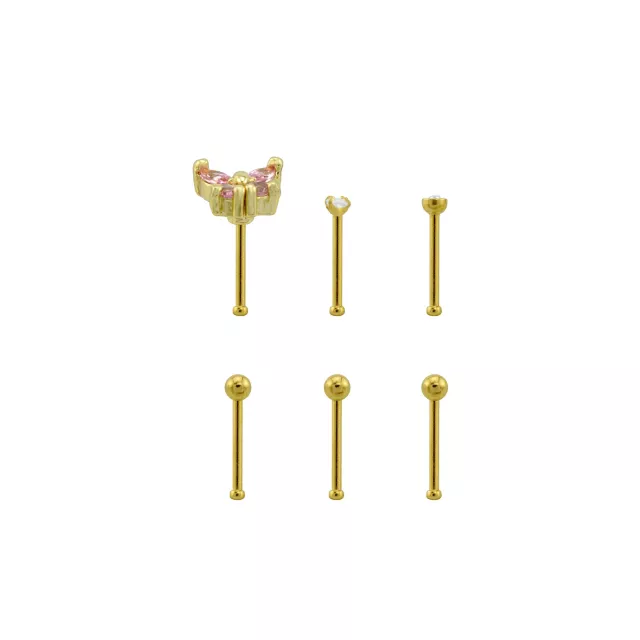 Multi-Pack CZ Butterfly Gold Plated Nose Pins 6 Pack - 20 Gauge at Spencer's