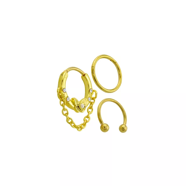 Multi-Pack CZ Butterfly Chain Horseshoe and Hinged Septum Rings 3 Pack - 16 Gauge at Spencer's