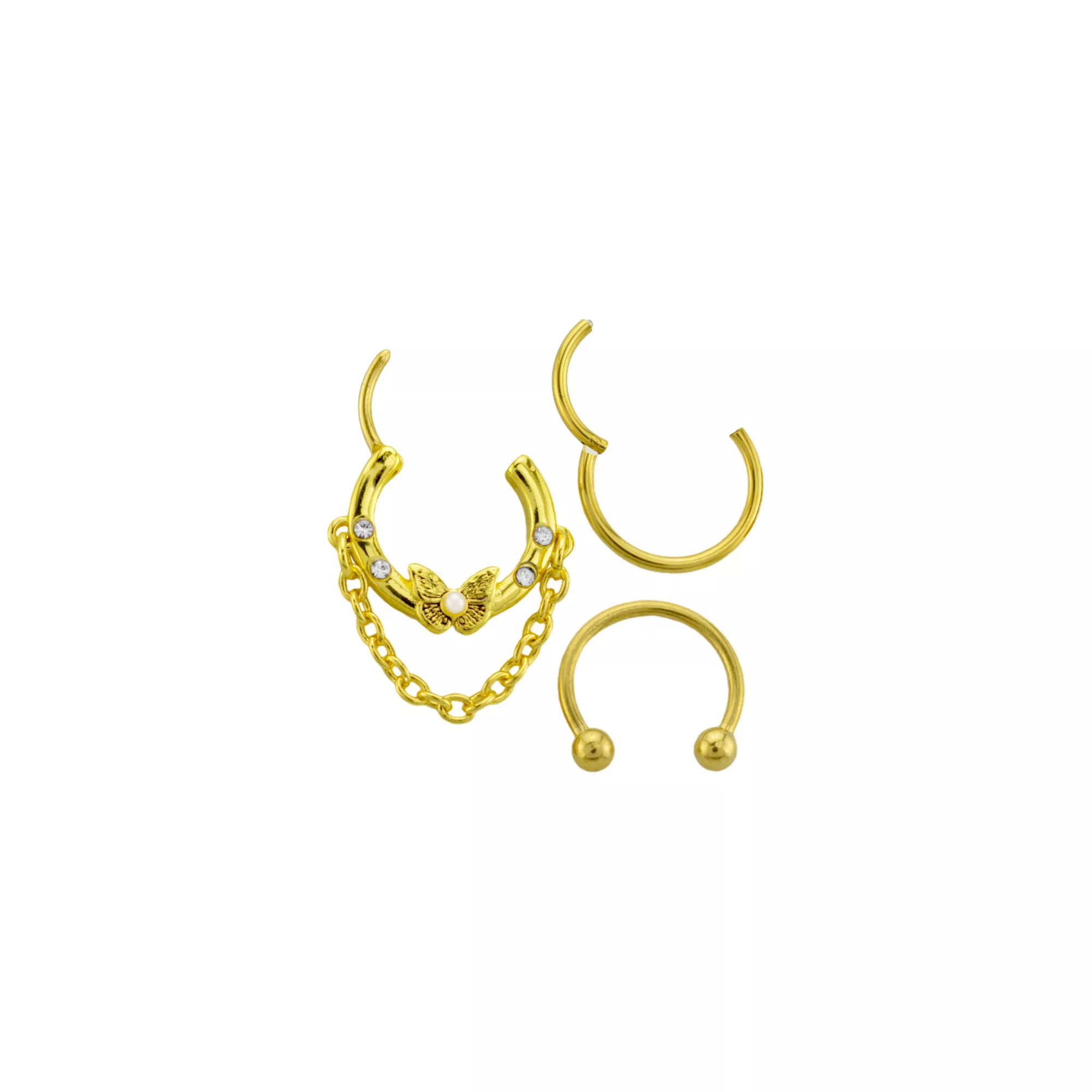 Multi-Pack CZ Butterfly Chain Horseshoe and Hinged Septum Rings 3 Pack - 16 Gauge at Spencer's