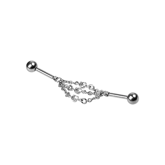 CZ Silvertone Triple Chain Double Ball Industrial Barbell - 14 Gauge at Spencer's