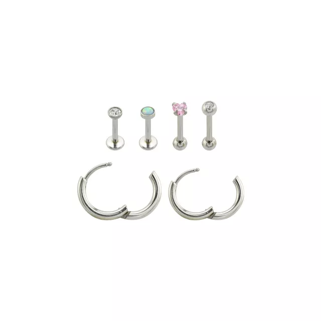 Multi-Pack CZ Heart Labrets Cartilage and Huggie Earrings 6 Pack - 16-18 Gauge at Spencer's