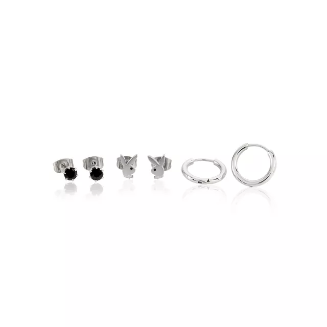 Multi-Pack Black CZ Playboy Studs and Huggie Hoop Earrings 3 Pair - 20 Gauge at Spencer's