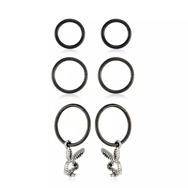 Multi-Pack CZ Black Playboy Pendant Hoop Earrings 3 Pair - 16 Gauge at Spencer's