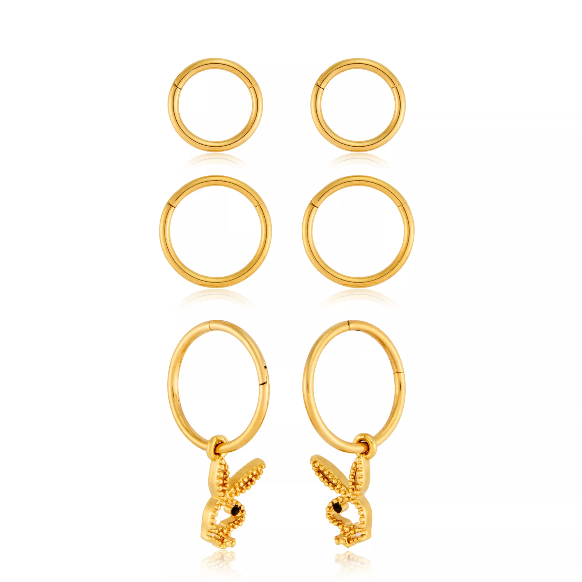 Multi-Pack Black CZ Goldtone Playboy Pendant Hoop Earrings 3 Pair - 16 Gauge at Spencer's