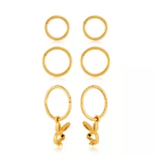 Multi-Pack Black CZ Goldtone Playboy Pendant Hoop Earrings 3 Pair - 16 Gauge at Spencer's