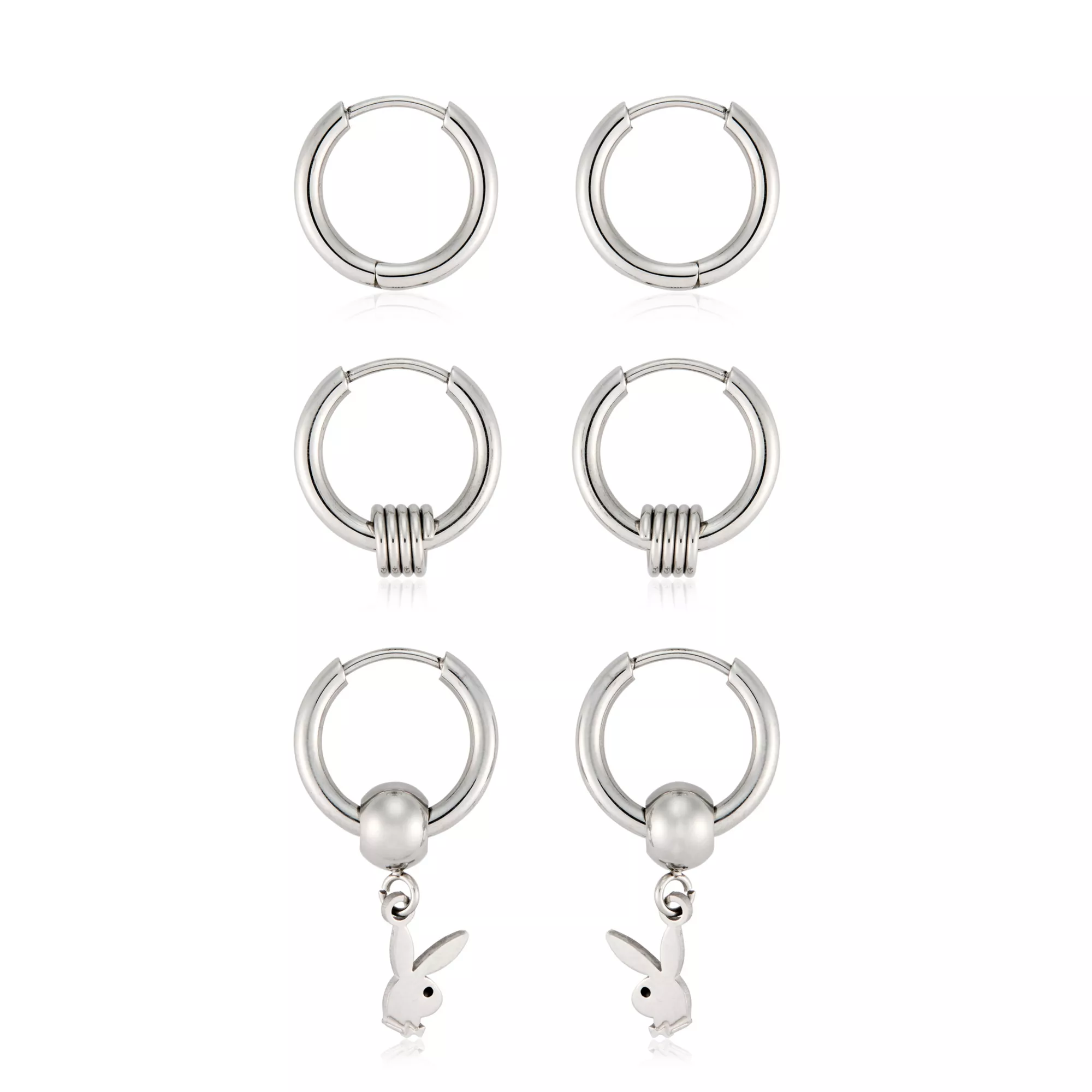 Multi-Pack Playboy Pendant Huggie Hoop Earrings 3 Pair - 20 Gauge at Spencer's