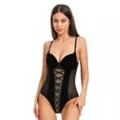 Black Velvety Mesh Lace-Up Front Bodysuit at Spencer's