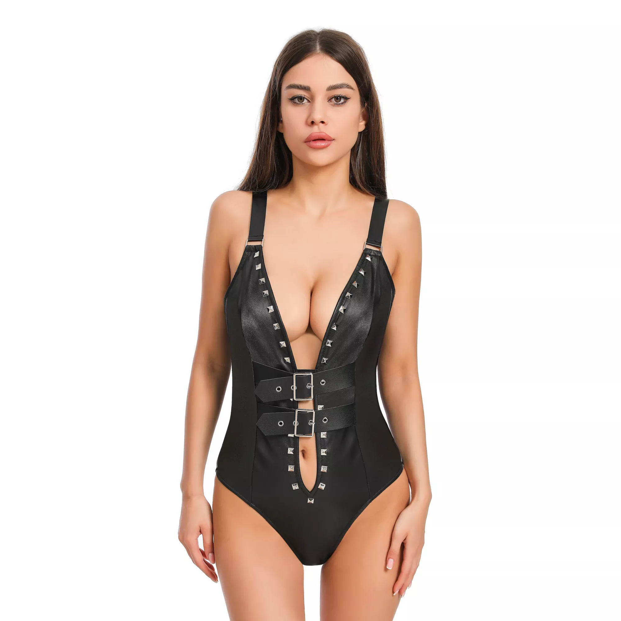 Black Deep Plunge Studded Bodysuit with Front Buckles