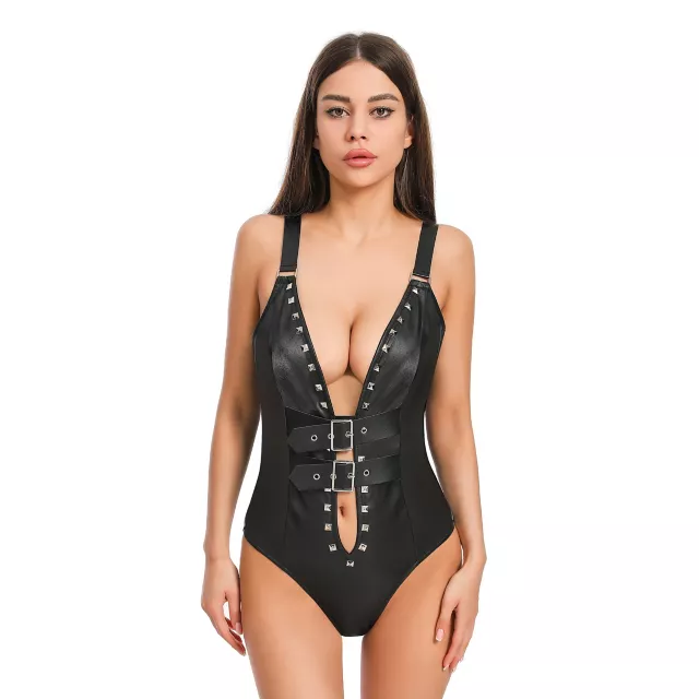 Black Deep Plunge Studded Bodysuit with Front Buckles