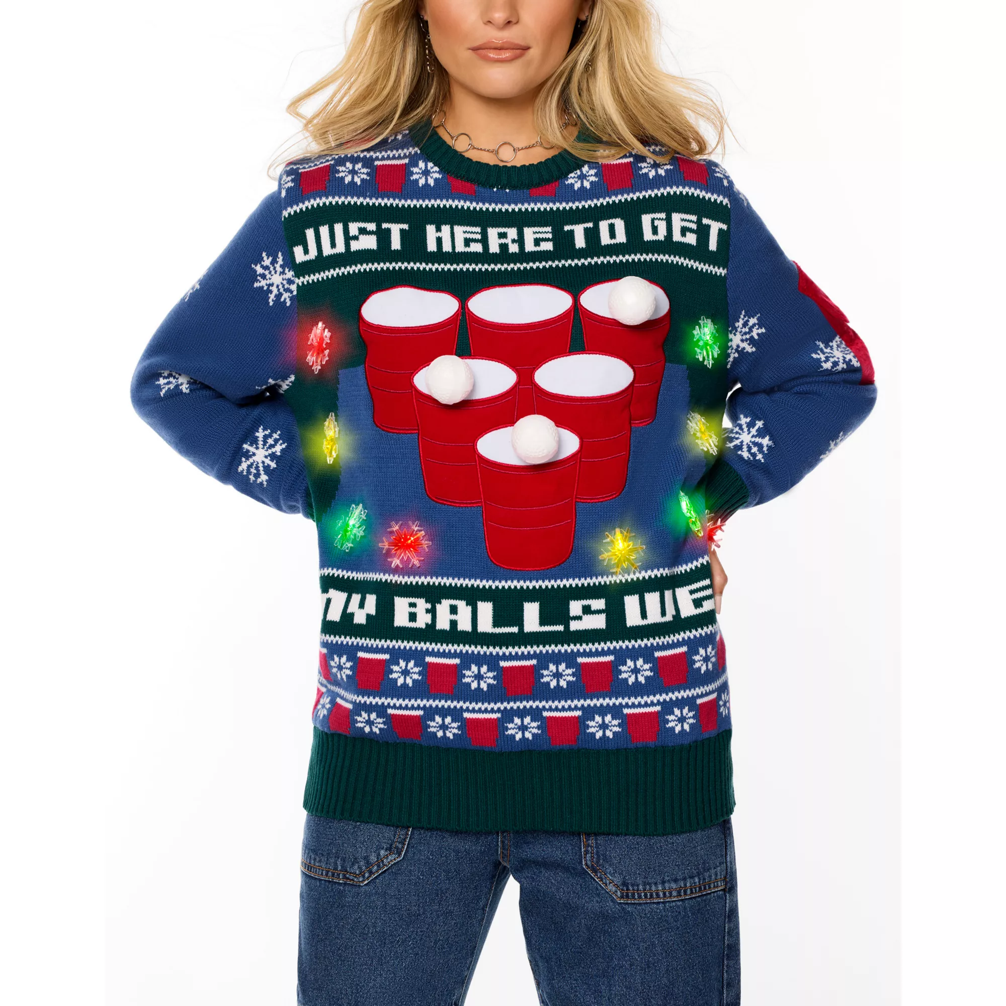 Light-Up Just Here to Get My Balls Wet Beer Pong Christmas Sweater