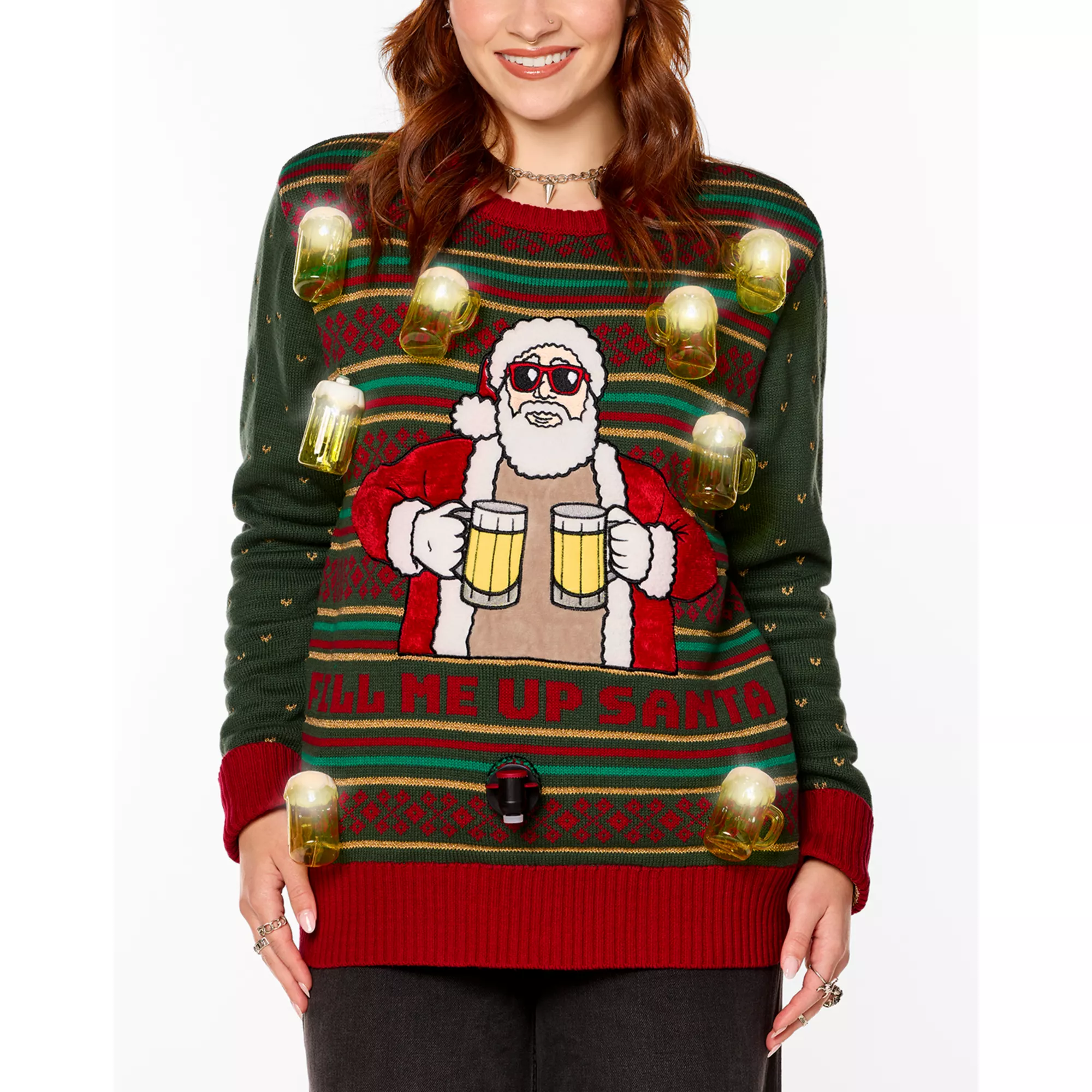 Light-Up Fill Me Up Santa Beverage Dispenser Christmas Sweater