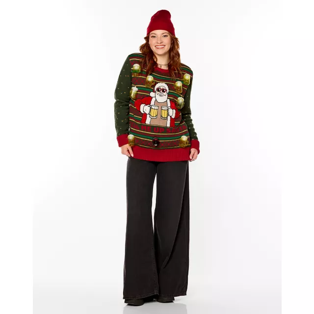 Light-Up Fill Me Up Santa Beverage Dispenser Christmas Sweater