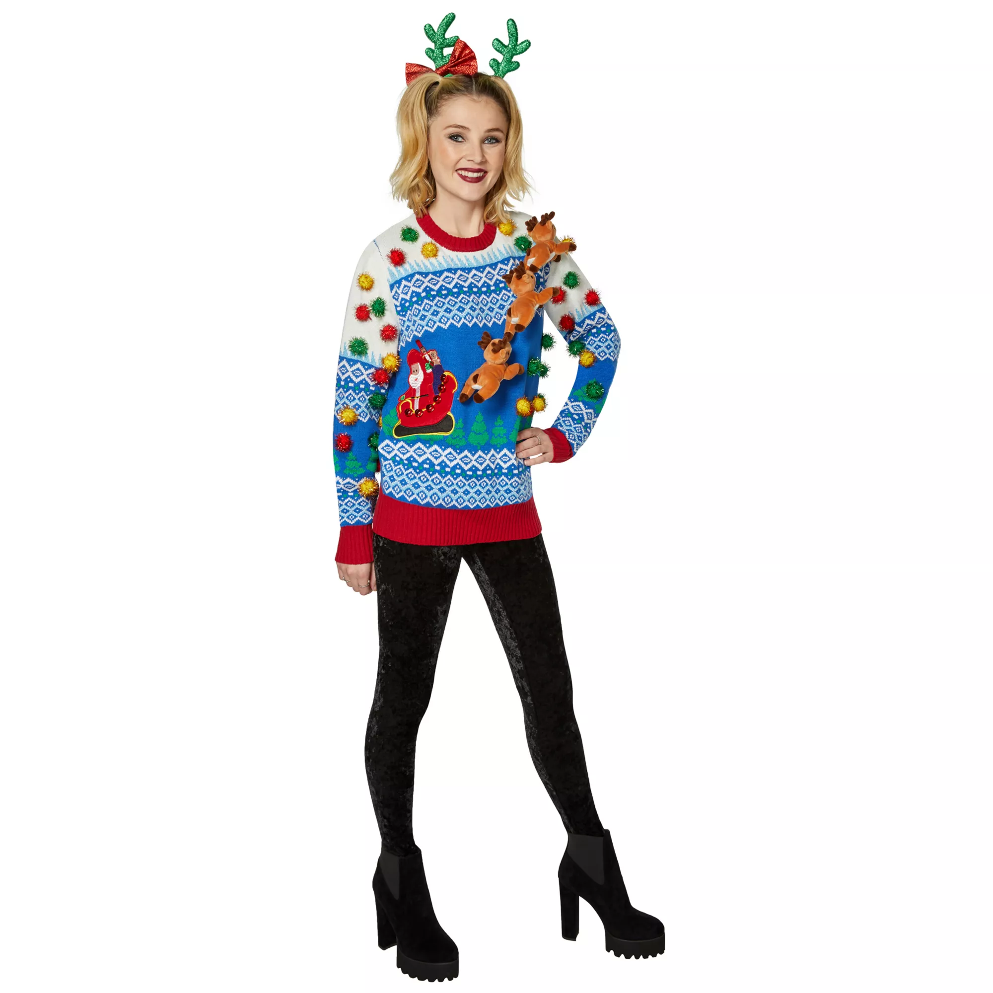 Light-Up 3D Santa Sleigh Ugly Christmas Sweater