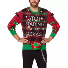 Light-Up Stop Staring At My Package Ugly Christmas Sweater at Spencer's