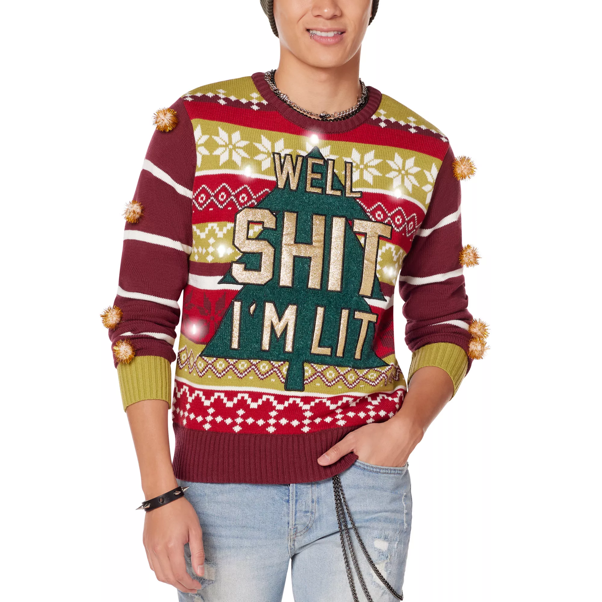 Light-Up Well Shit I'm Lit Ugly Christmas Sweater