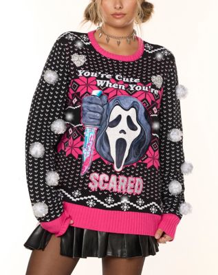 Light-Up Pink Ghost Face You’re Cute When You’re Scared Christmas Sweater