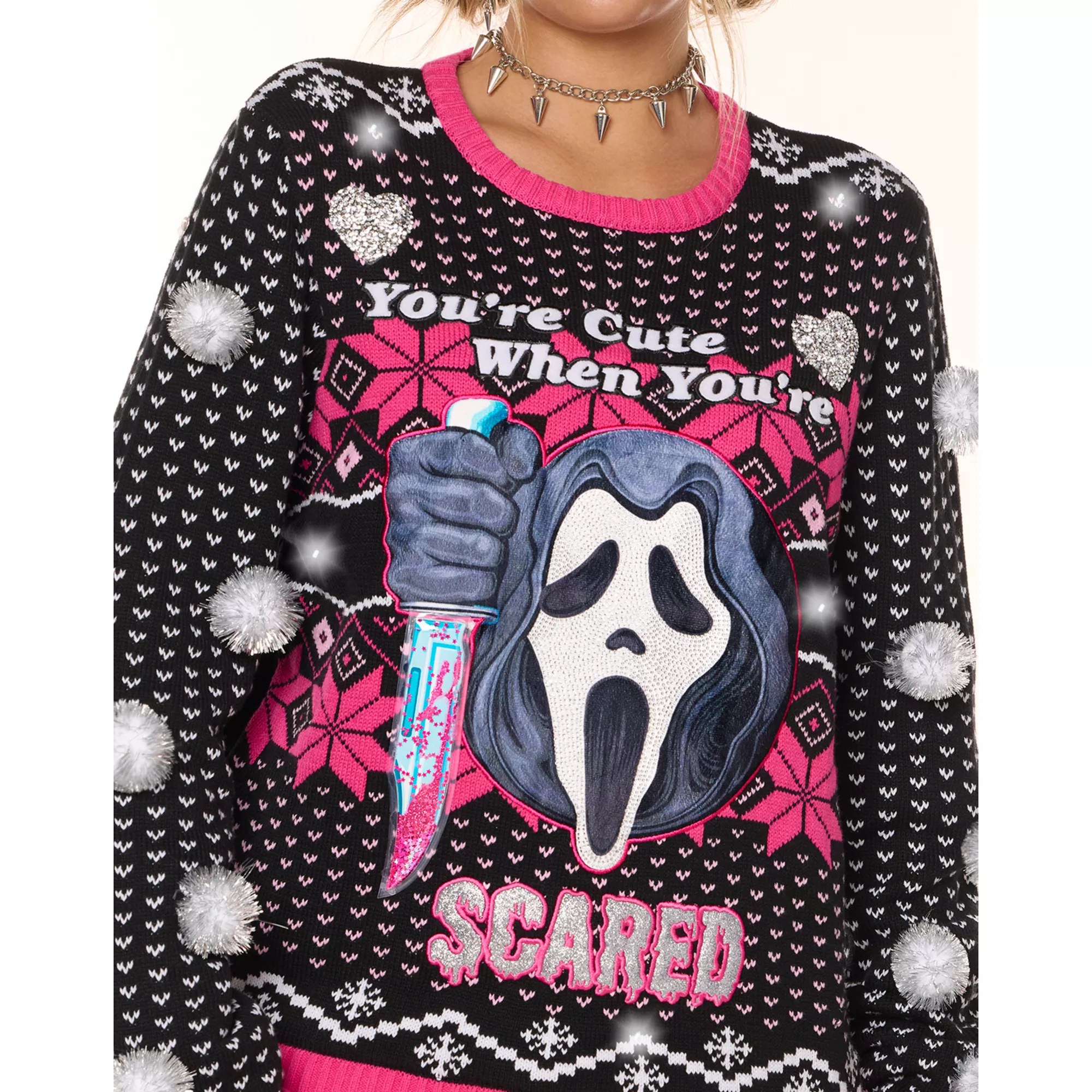 Light-Up Ghost Face You’re Cute When Scared Christmas Sweater
