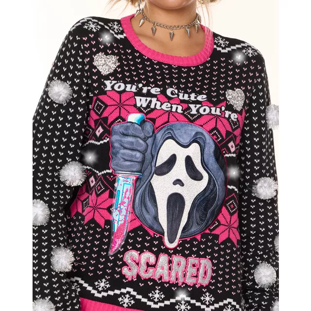 Light-Up Pink Ghost Face You’re Cute When You’re Scared Christmas Sweater
