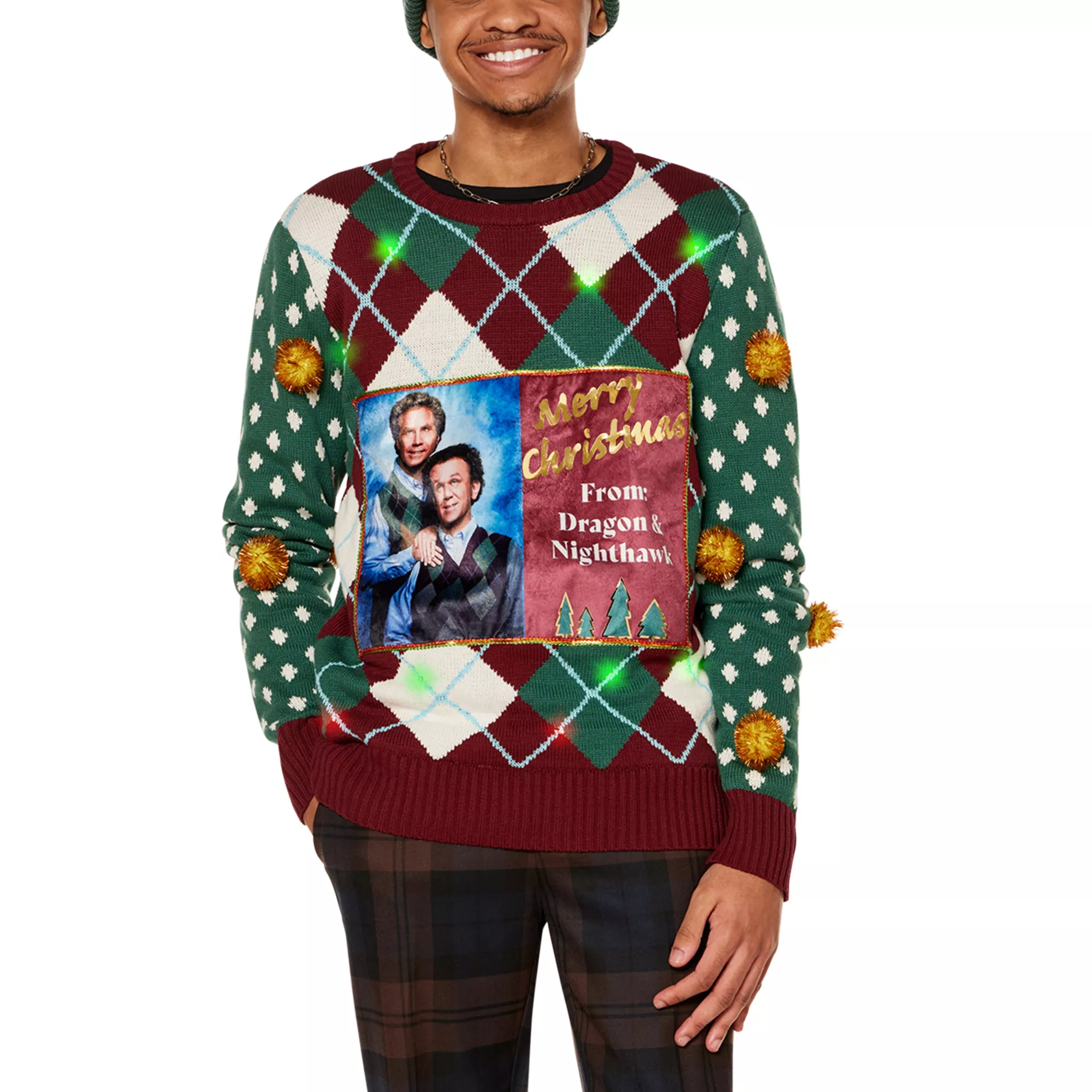 Light-Up Merry Christmas Dragon and Nighthawk Sweater - Step Brothers