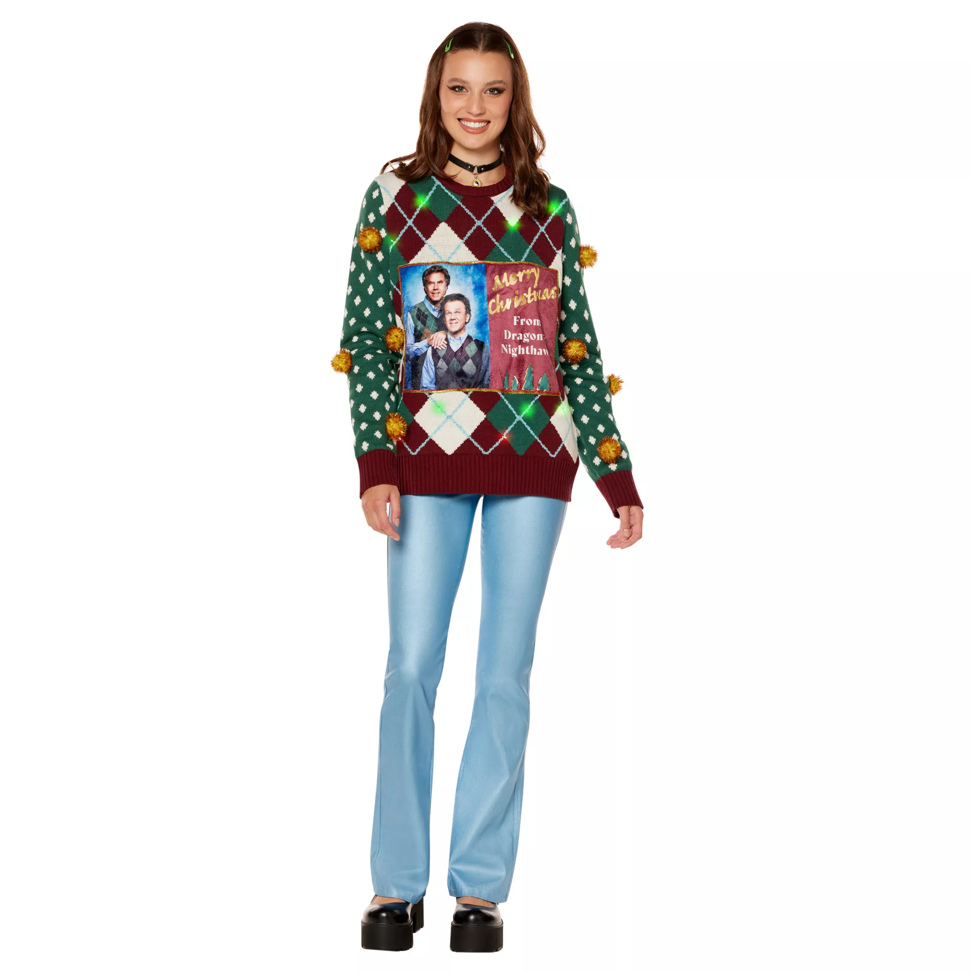 Light-Up Merry Christmas Dragon and Nighthawk Sweater - Step Brothers