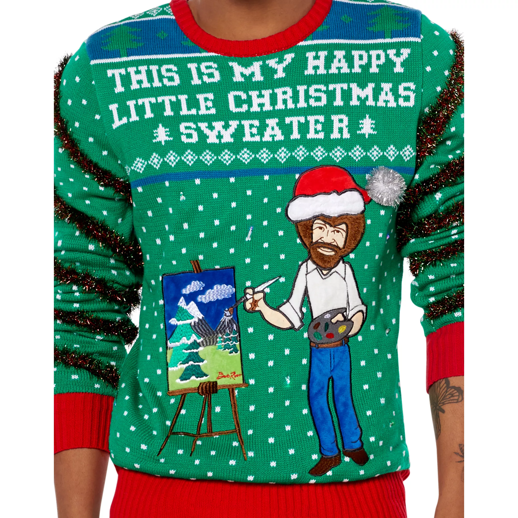 Light-Up Bob Ross Happy Little Christmas Ugly Sweater