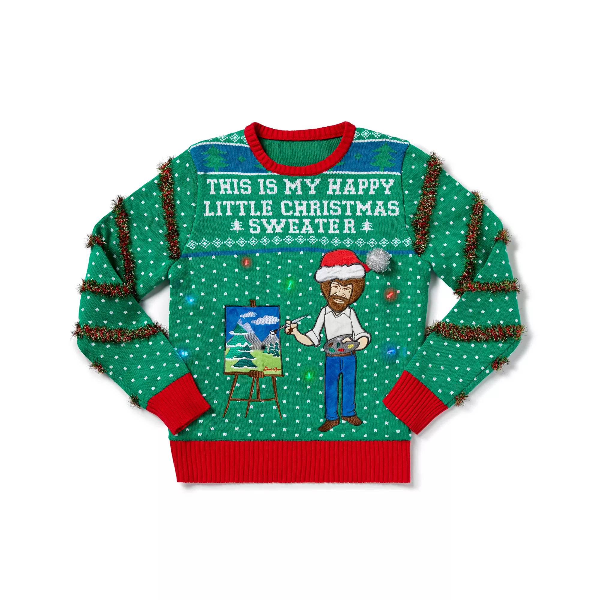 Light-Up Bob Ross Happy Little Christmas Ugly Sweater