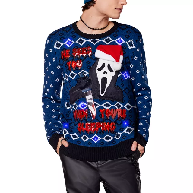 Light-Up Ghost Face He Sees You Christmas Sweater at Spencer's