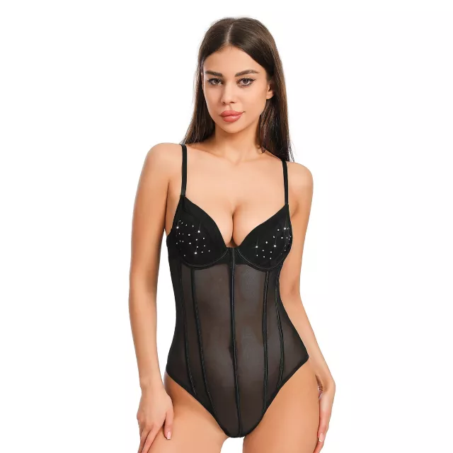 Black Mesh and Rhinestone Bodysuit