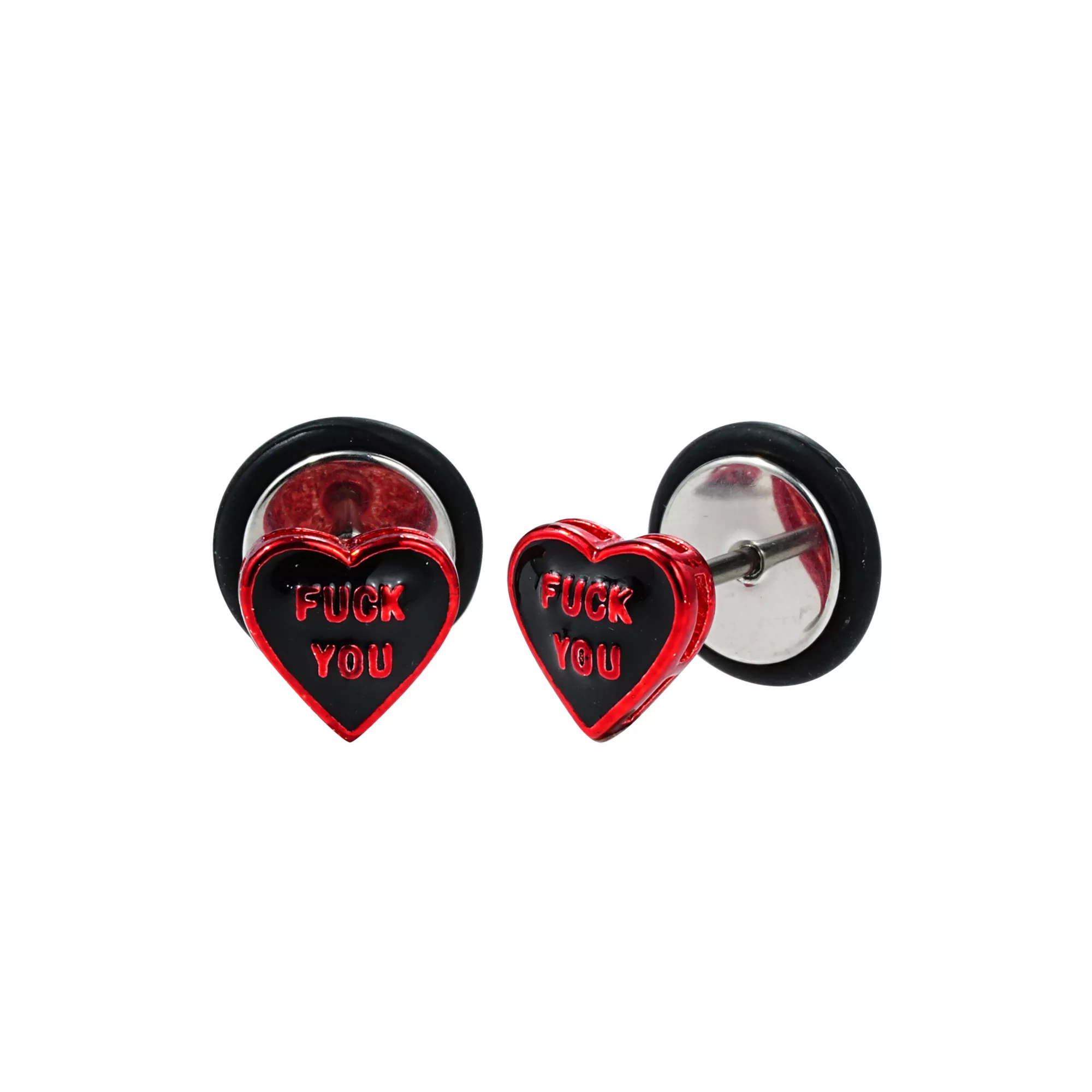 Red and Black Fuck You Heart Fake Plugs at Spencer's