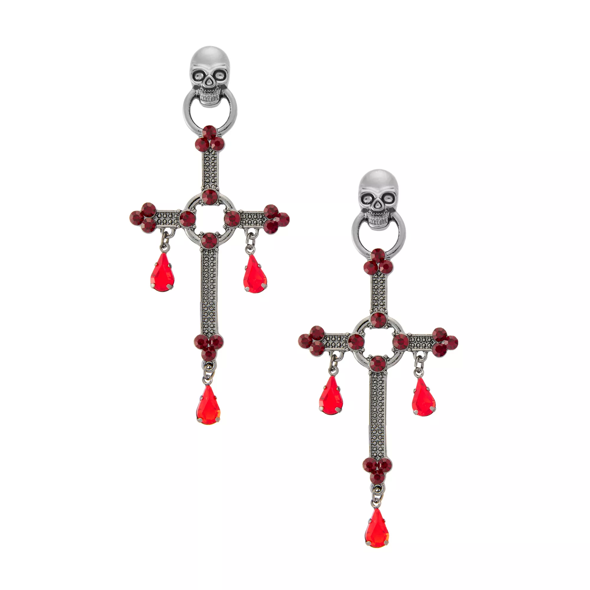 Black and Red Gem Cross Dangle Earrings