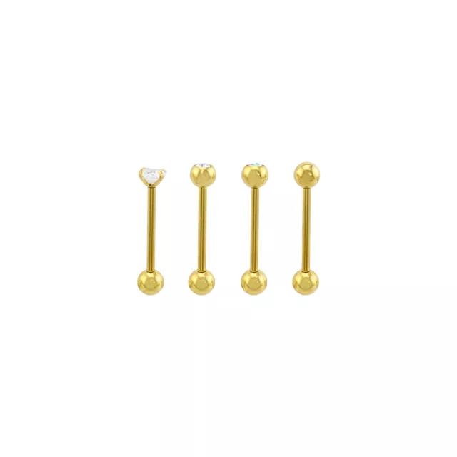 Multi-Pack CZ Goldtone Bezel and Prong Titanium Barbells 4 Pack - 14 Gauge