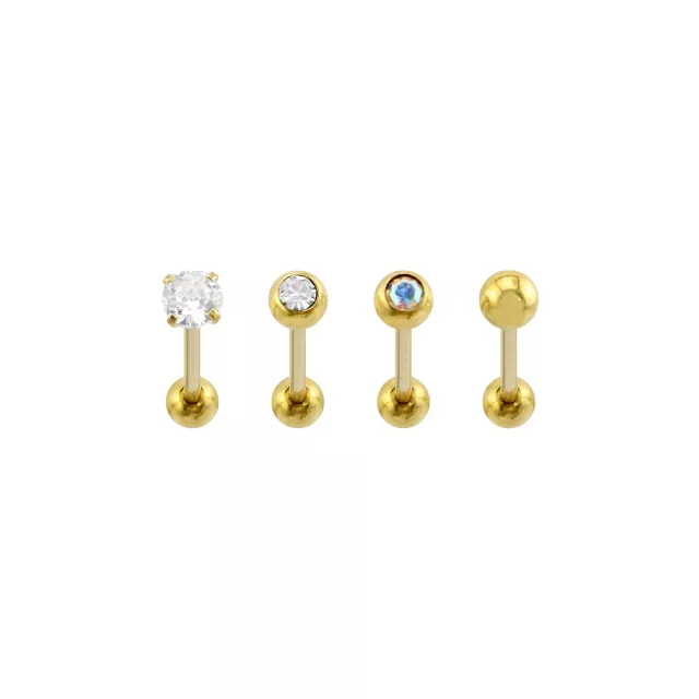 Multi-Pack CZ Goldtone Bezel and Prong Titanium Barbells 4 Pack - 14 Gauge