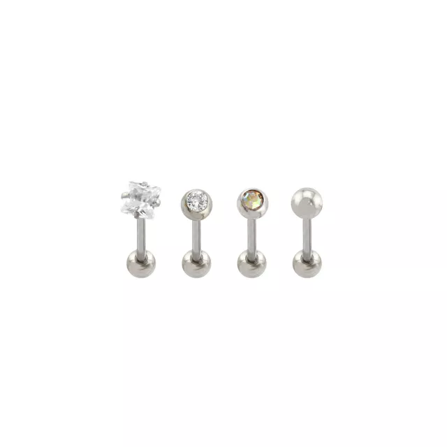 Multi-Pack CZ Silvertone Bezel and Prong Barbells 4 Pack - 14 Gauge at Spencer's
