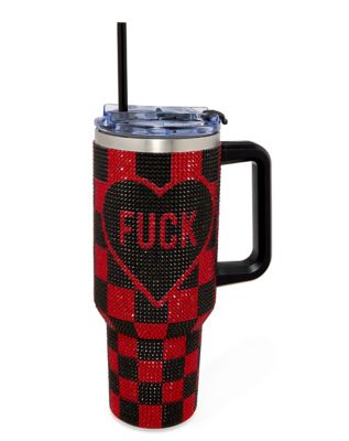 Checkered Fuck Rhinestone Travel Tumbler with Straw - 40 oz.