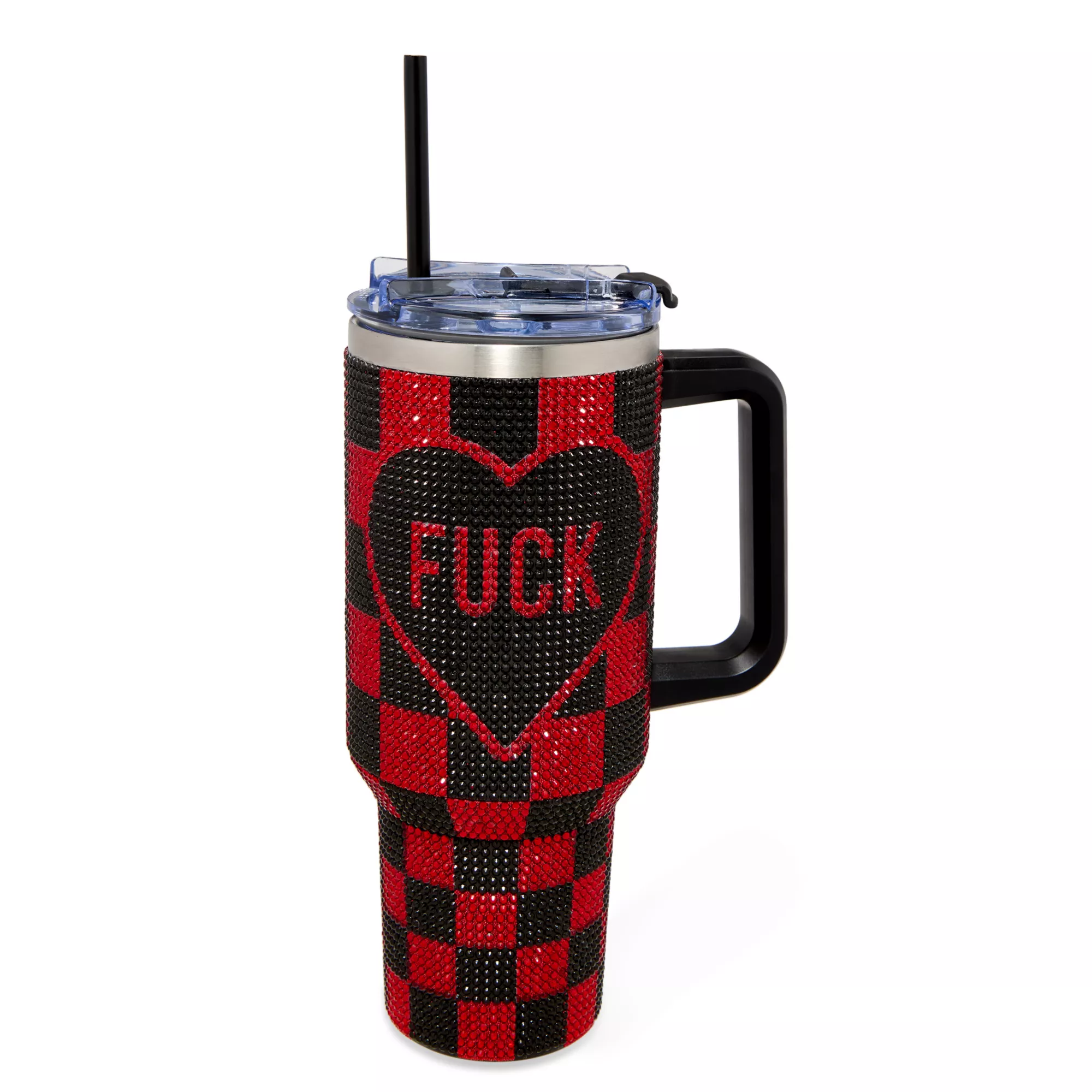 Checkered Fuck Rhinestone Travel Tumbler with Straw - 40 oz. at Spencer's