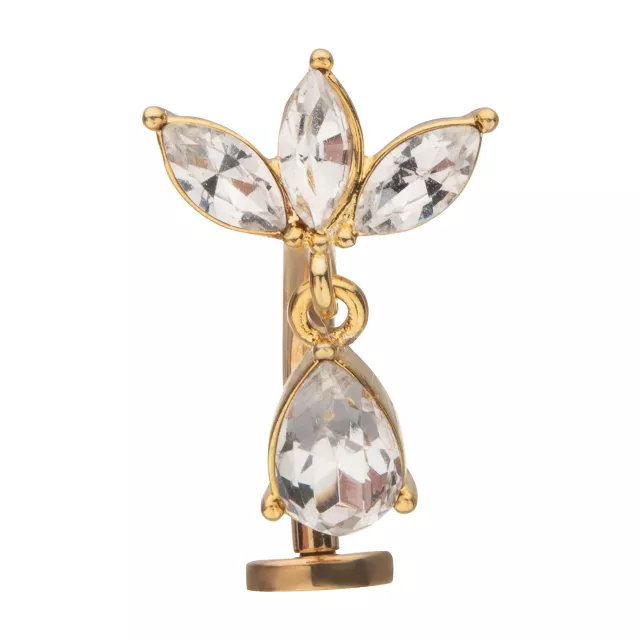 CZ Flower Teardrop Goldtone Titanium Bar Belly Ring - 14 Gauge